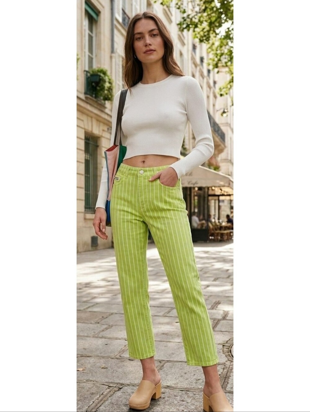 Victor Glemaud  Pinstripe high rise Acid lime crop denim jeans Size 2